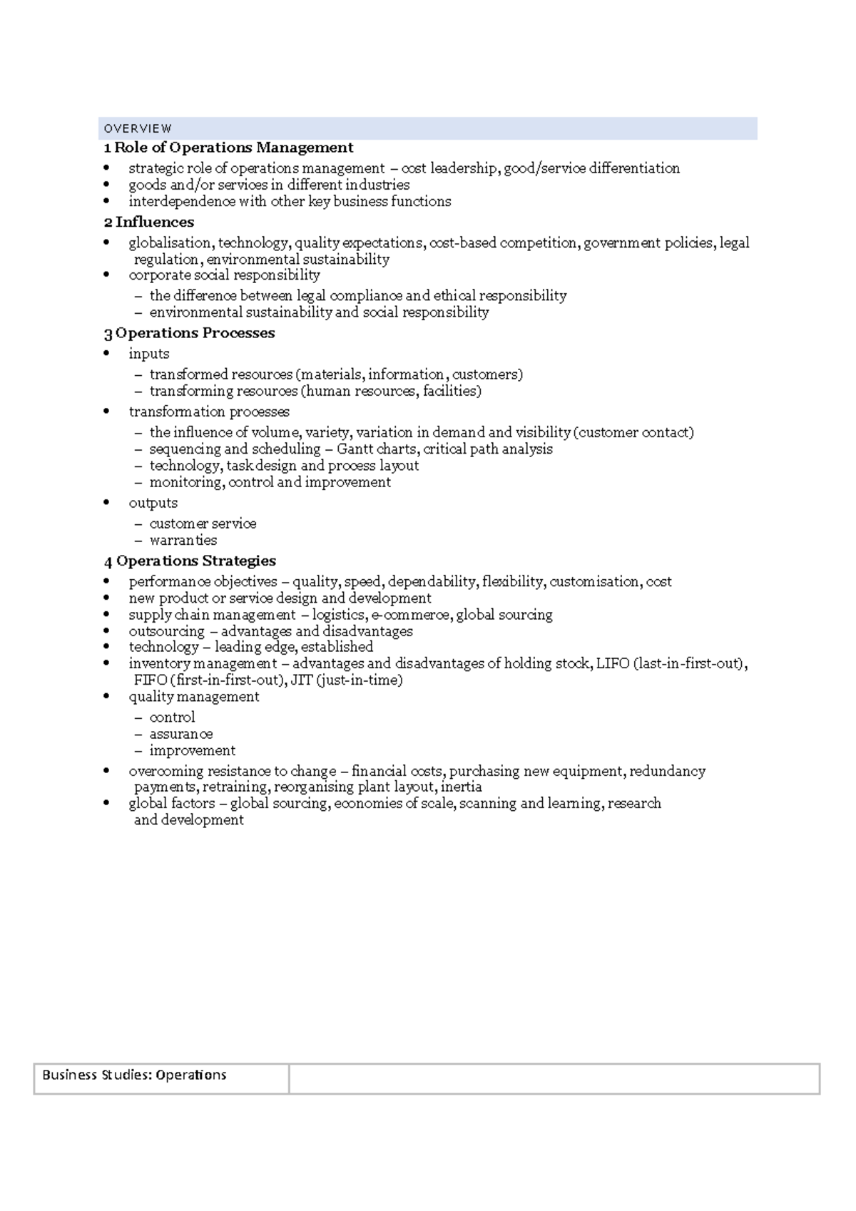 Business notes for HSC year 12 - OVERVIEW 1 Role of Operations ...