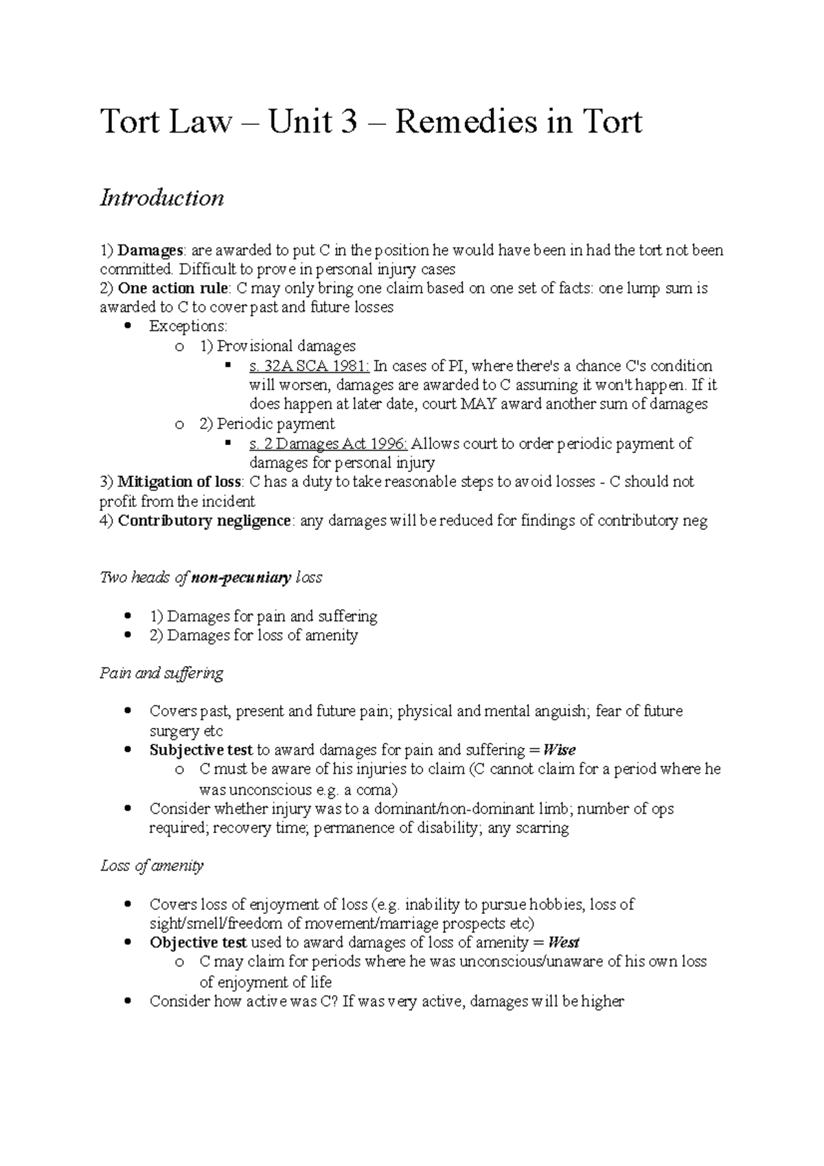 Tort Law Unit 3 - Tort Law Unit 3 - Tort Law – Unit 3 – Remedies In ...