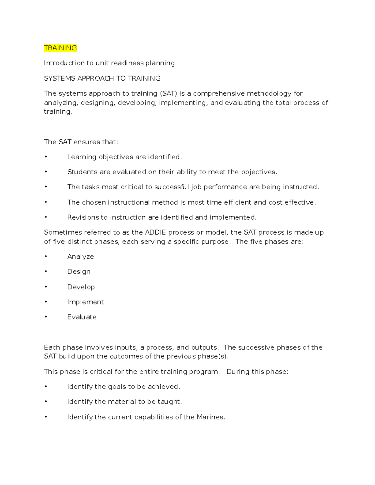 SGTS Course Training - TRAINING Introduction to unit readiness planning ...