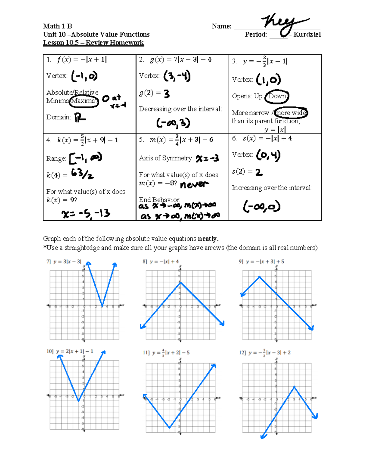 Math 1 - 10.5 - Review Homework Key - Math 1 B Name ...