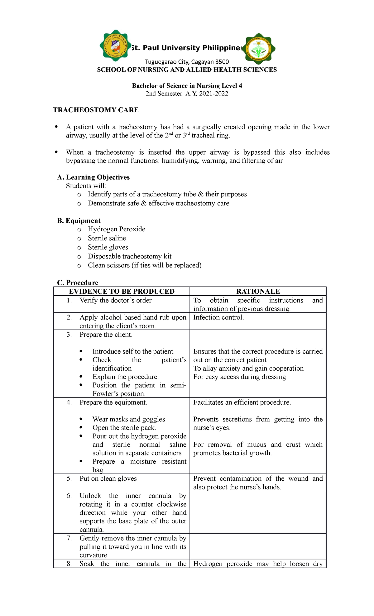 TracheostomyCare Checklist for Student Nurses Steps and Procedures