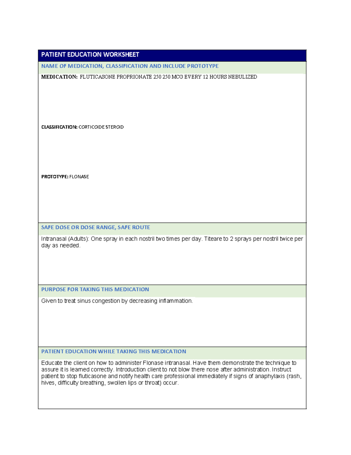 Meds+pdf - clinical prework - PATIENT EDUCATION WORKSHEET NAME OF ...