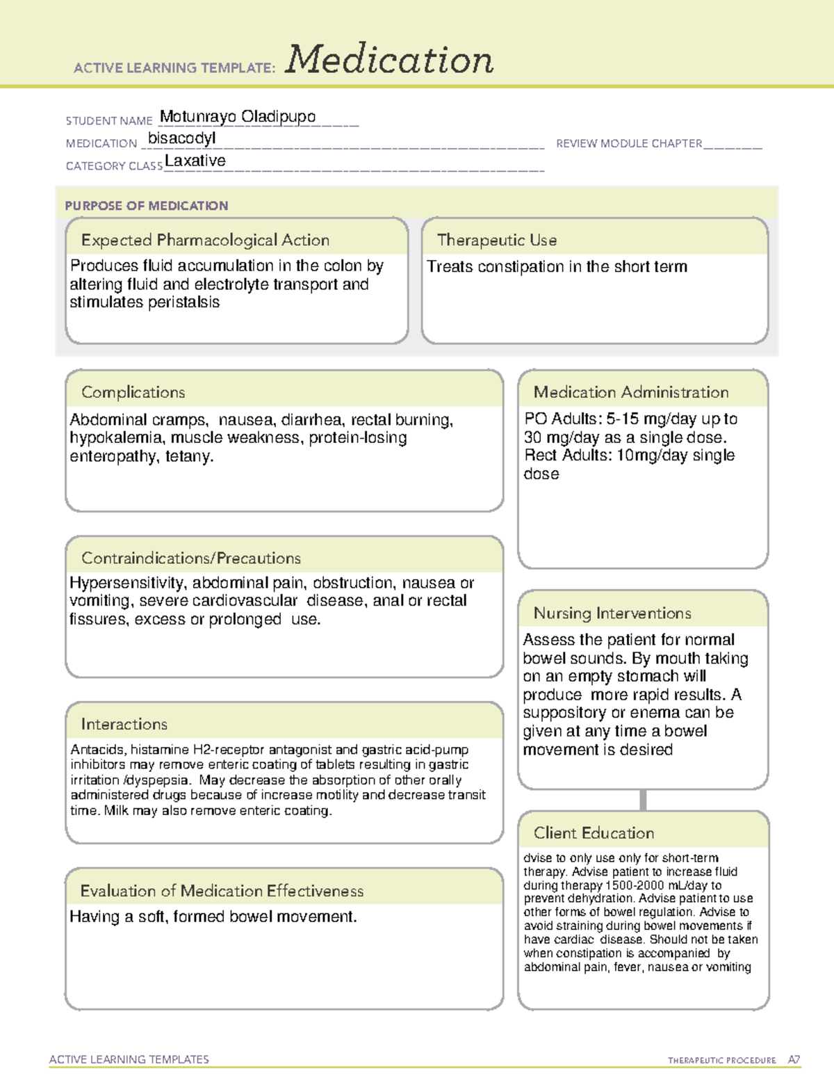 Bisacodyl - nursing fundamental skills template and worksheet - ACTIVE ...