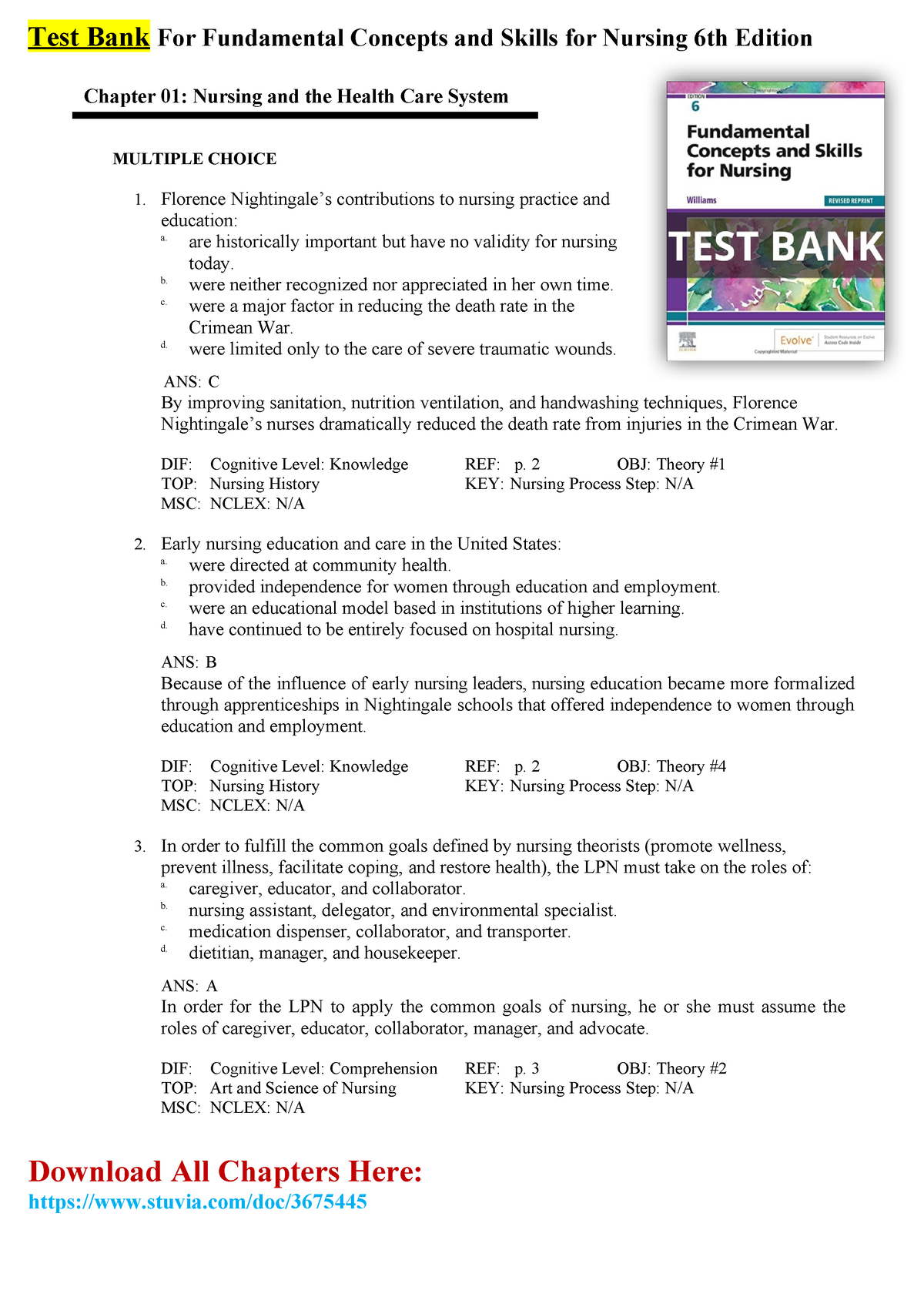 Test Bank For Fundamental Concepts And Skills For Nursing 6th Edition ...