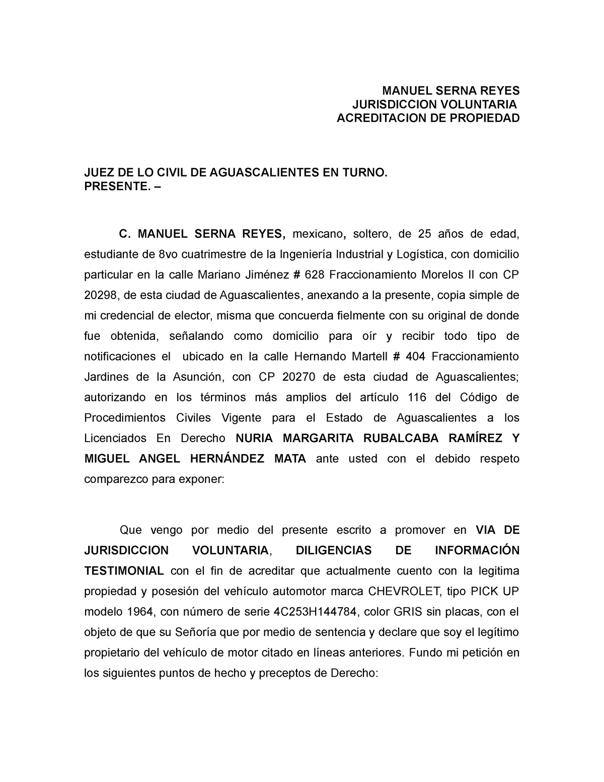 Escrito inicial para Jurisdicción Voluntaria - MANUEL SERNA REYES ...