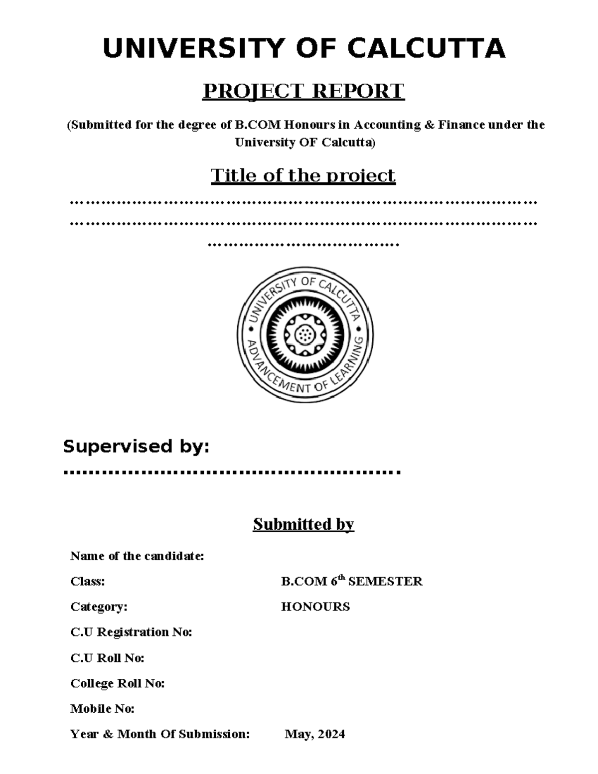 Font Page - UNIVERSITY OF CALCUTTA PROJECT REPORT (Submitted for the ...