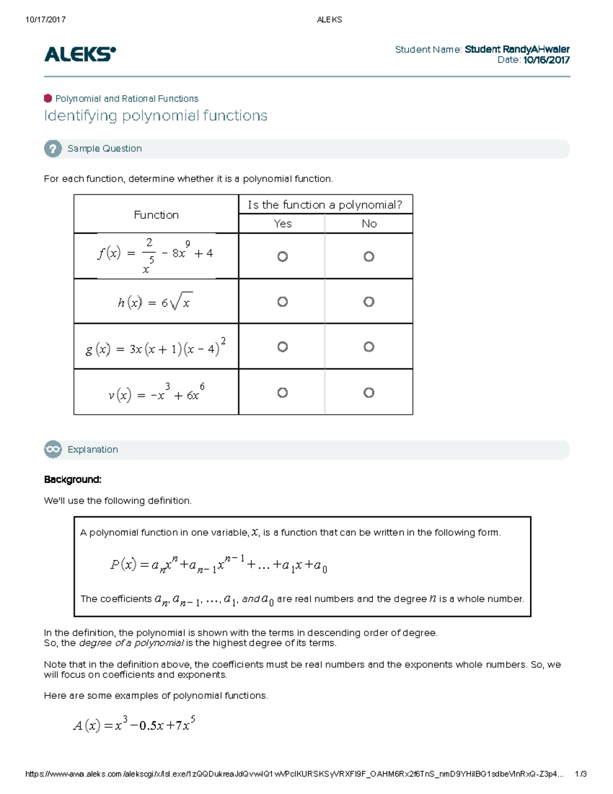 Identifying polynomial functions - 10/17/2017 ALEKS - Studocu