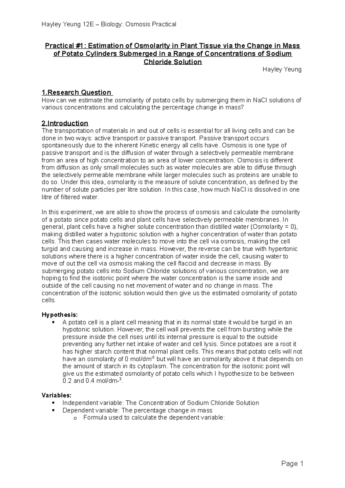 Biology IA - Osmolarity of Potato Cells - Practical #1: Estimation of ...