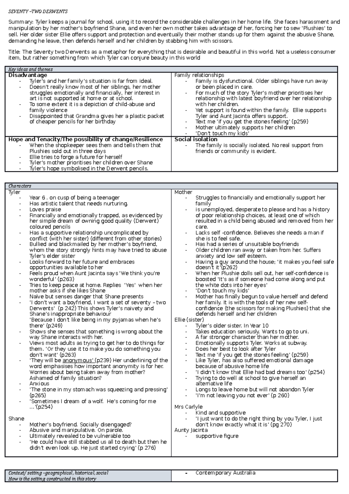 Seventy TWO Derwents - themes, key ideas, characters, structure ...