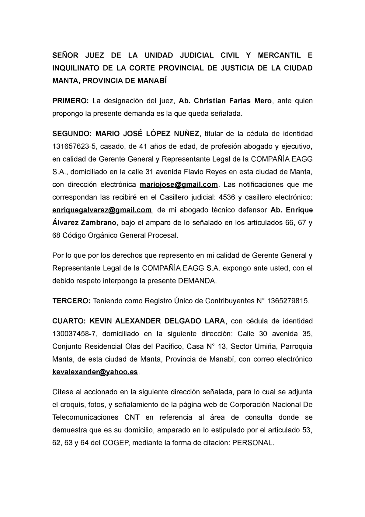 Modelo Demanda Ejecución SeÑor Juez De La Unidad Judicial Civil Y Mercantil E Inquilinato De 3307