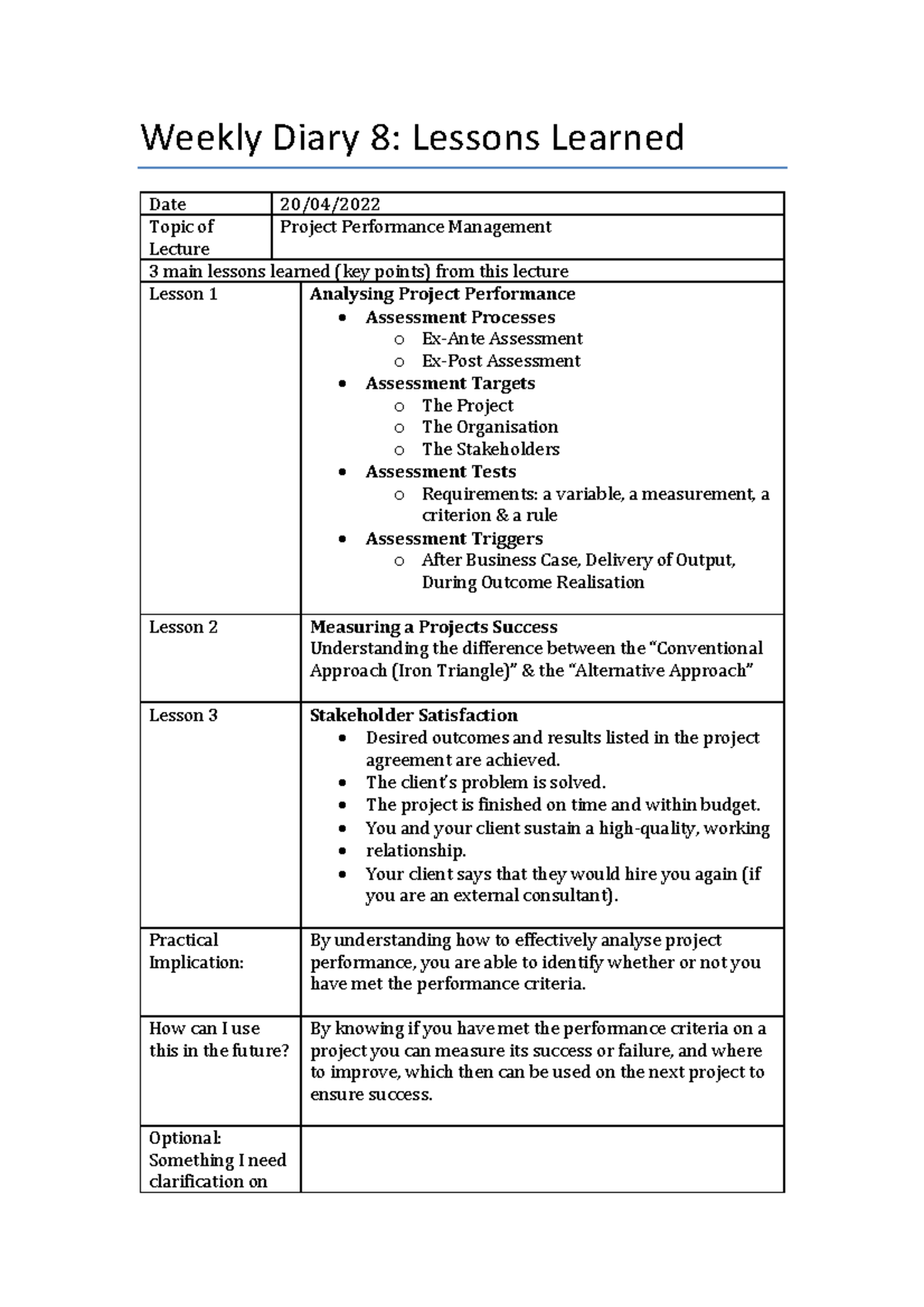 CPMP Diaries 8 - Weekly Diary 8: Lessons Learned Date 20/04/ Topic of ...