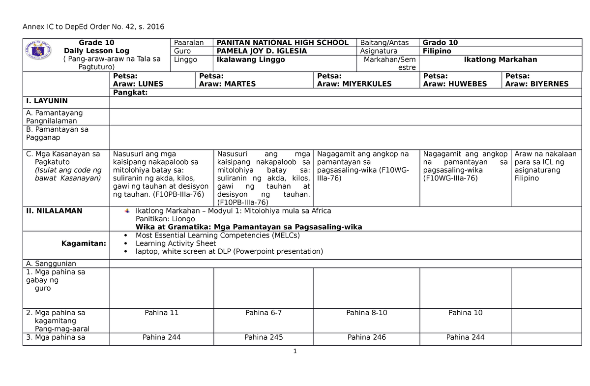 Q3 Modyul 1 Week2 - Annex IC To DepEd Order No. 42, S. 2016 Grade 10 ...