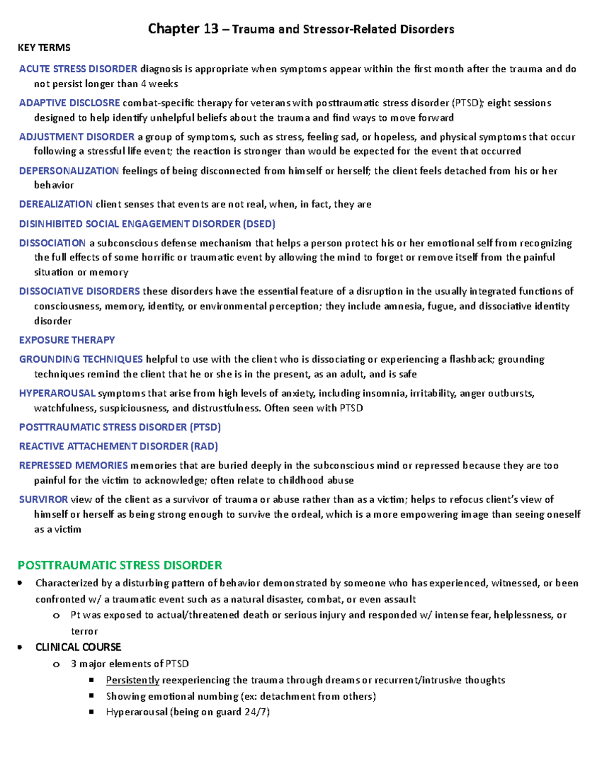 Ch13 - Trauma Stressor Disorder Notes - Chapter 13 – Trauma and ...