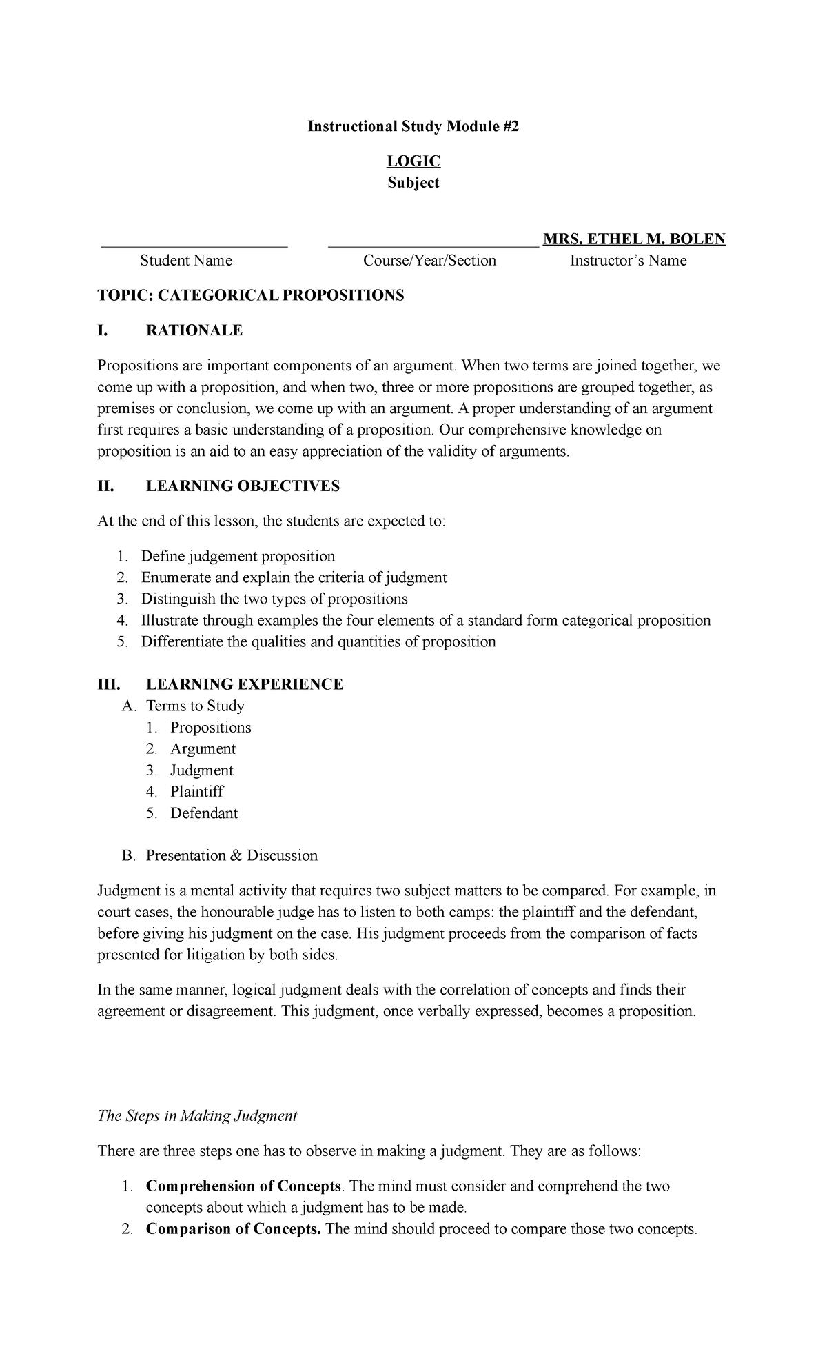 Module 2 - Prefinal Logic - Instructional Study Module # LOGIC Subject