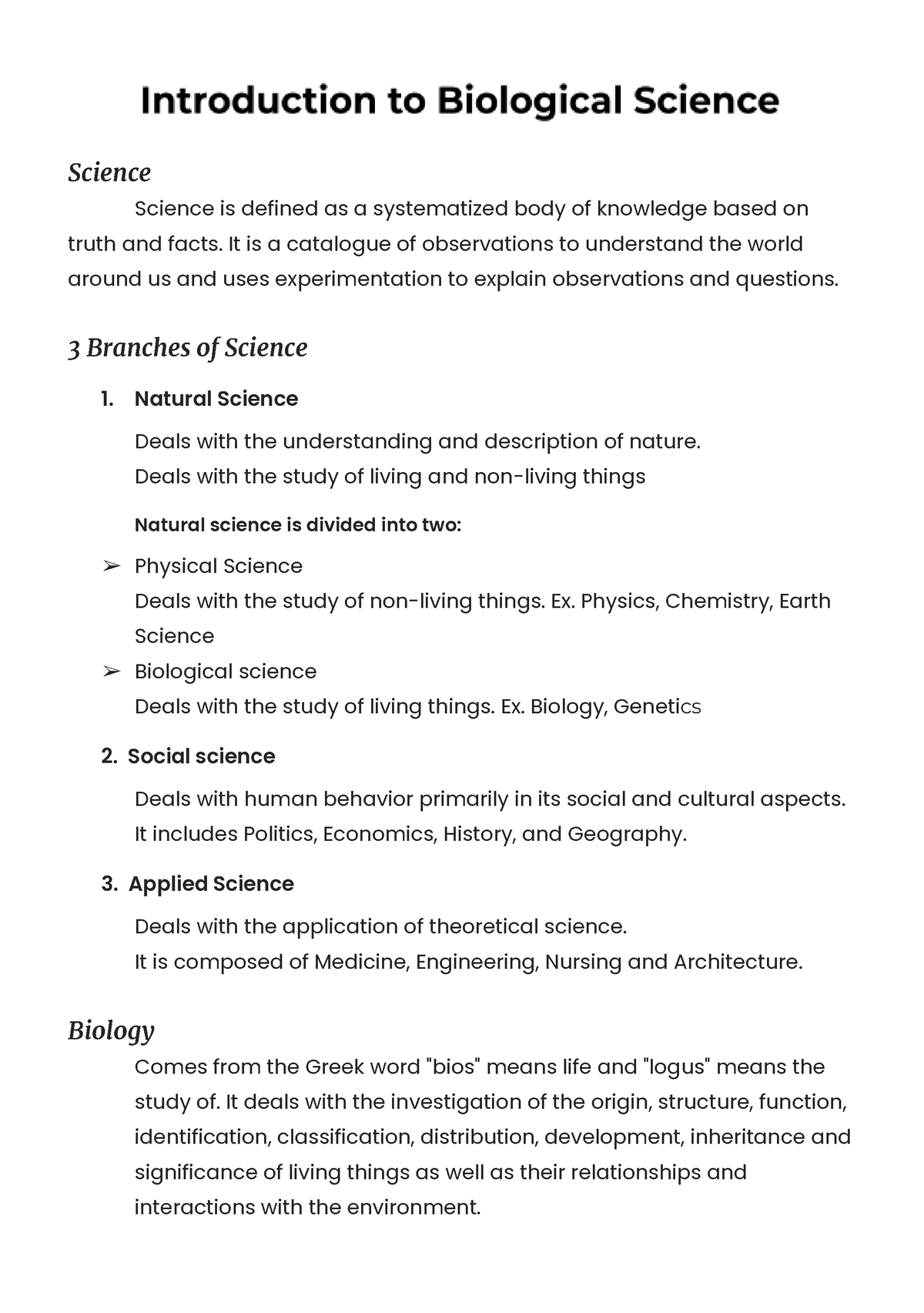 Introduction to Biological Science - Science Science is defined as a ...