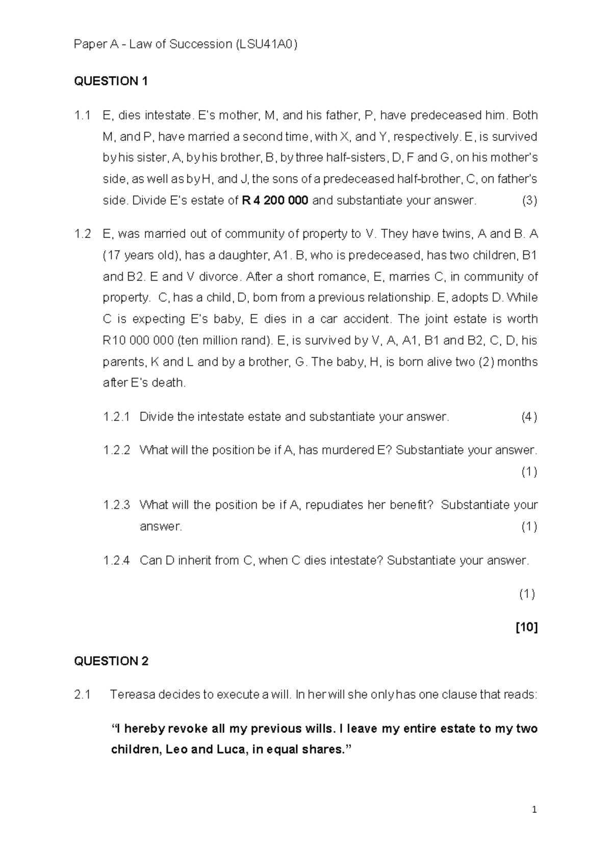 LSU41A0 - Law of succession semester test - QUESTION 1 1 E, dies ...