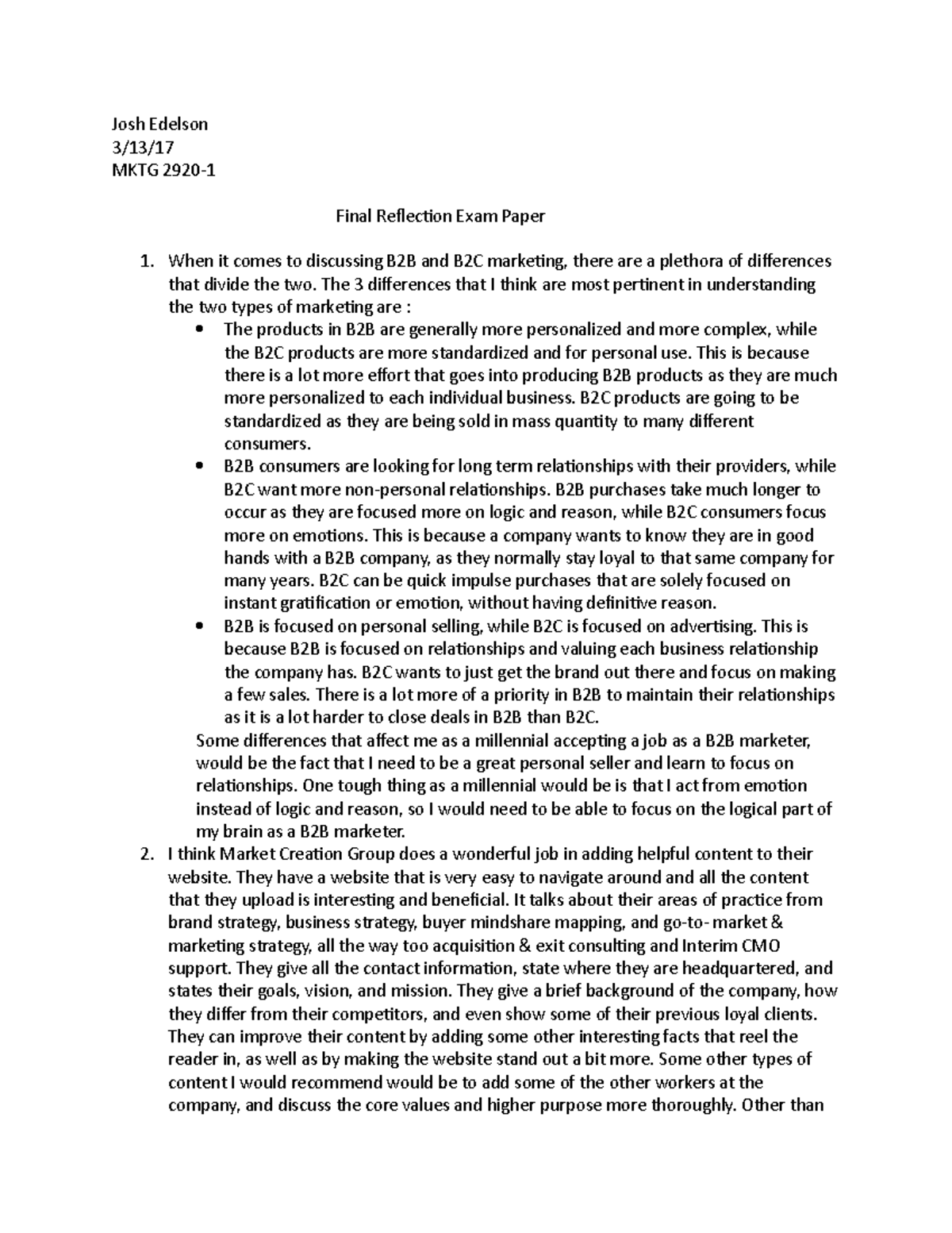 Final refelction Exam- MKTG 2920-1 - Josh Edelson 3/13/ MKTG 2920 ...