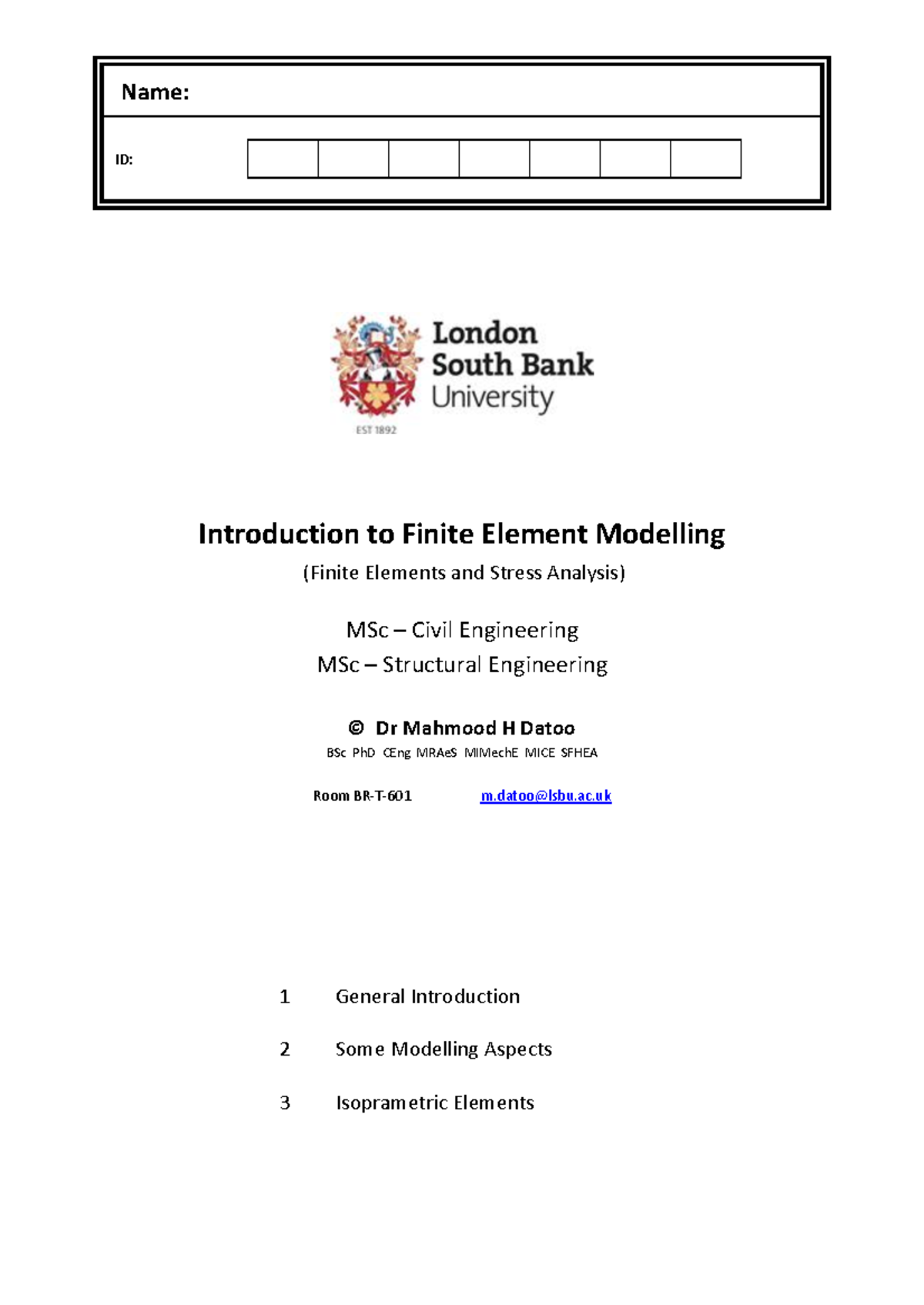 Complete Set Of FE Modelling Notes - Name: ID: Introduction To Finite ...