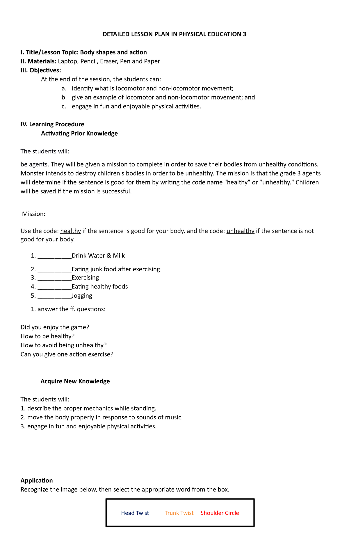 Lesson Plan - DETAILED LESSON PLAN IN PHYSICAL EDUCATION 3 I. Title ...