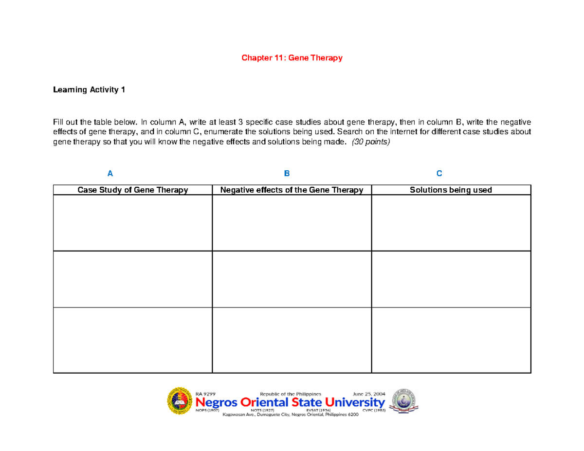 Chapter 11- GE 7 Activity - Chapter 11: Gene Therapy Learning Activity ...