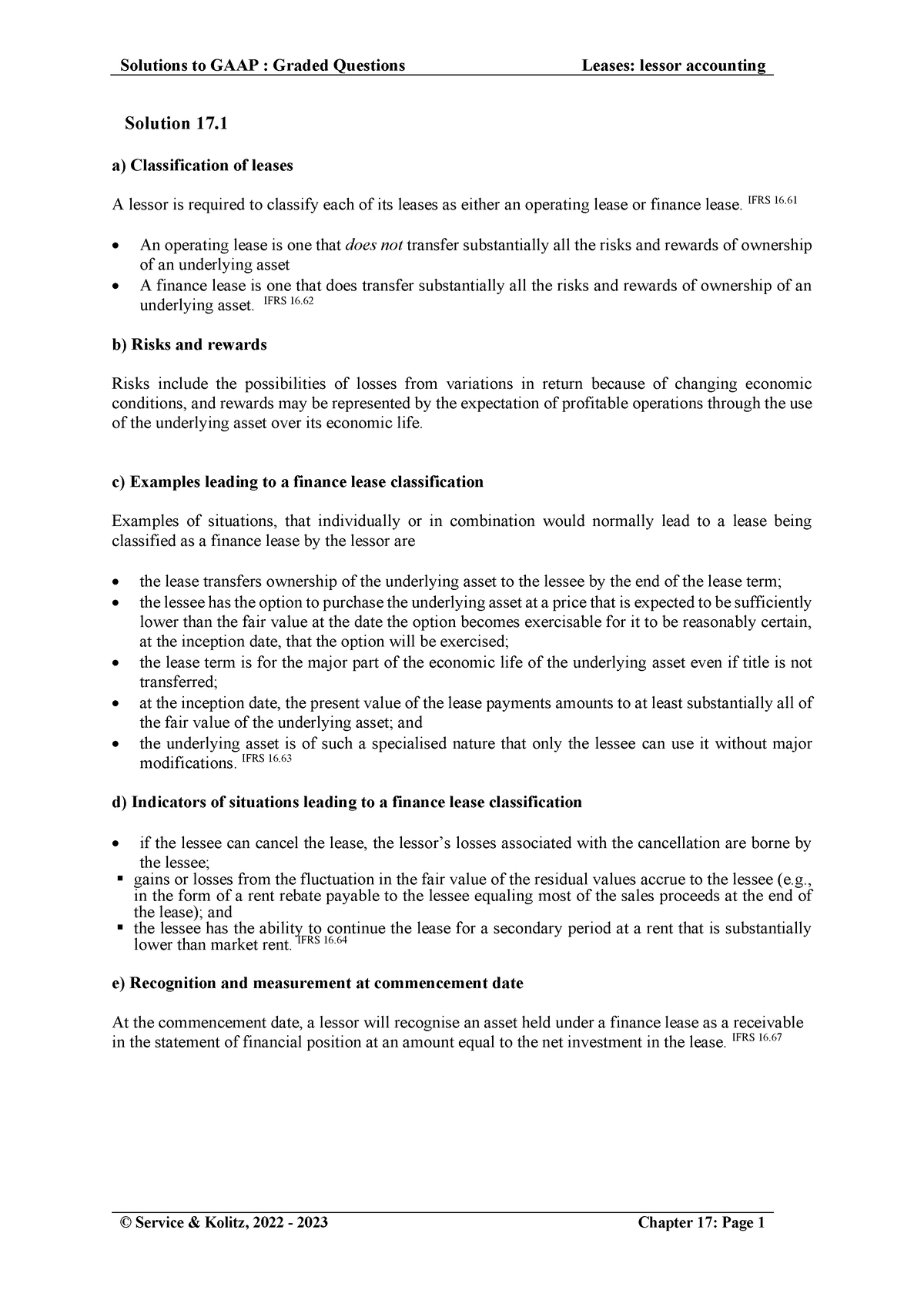 17 Leases (lessors) s22 - Final - Solution 17. a) Classification of ...