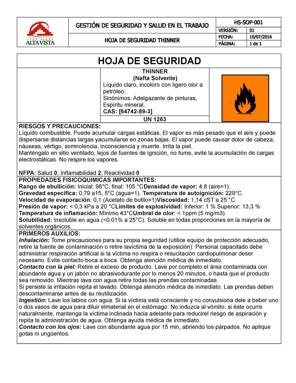 Hs Sop 001 Hoja De Seguridad Thinner GestiÓn De Seguridad Y Salud En El Trabajo VersiÓn 01 8298