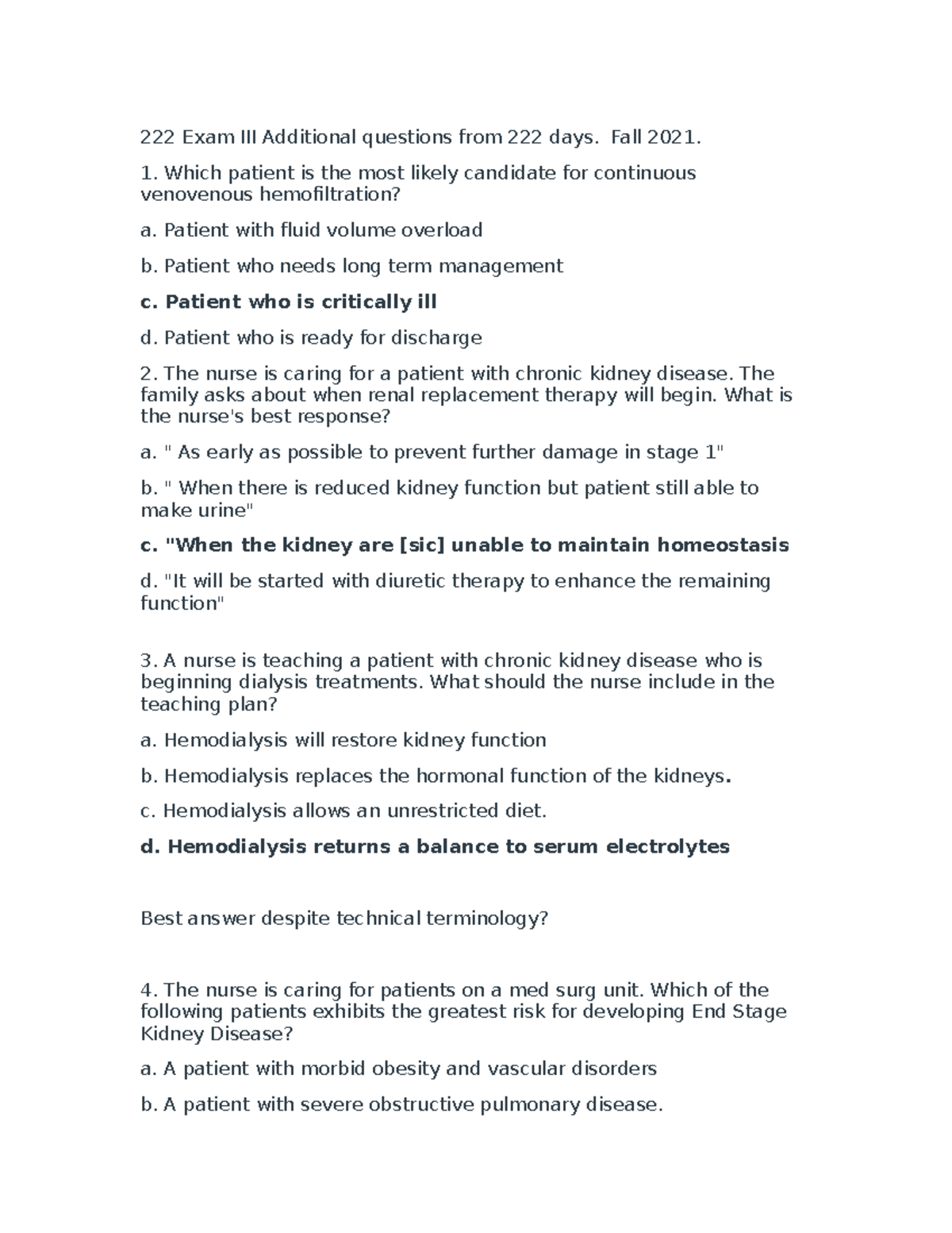 Kidney exam 3 q - practice - 222 Exam III Additional questions from 222 ...