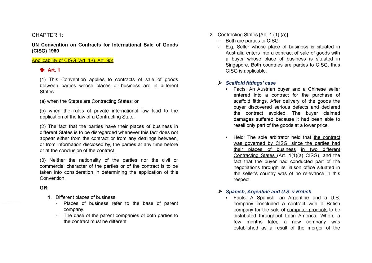 Chapter 1 CISG - Summary Of The Rules In CSIG - CHAPTER 1: UN ...