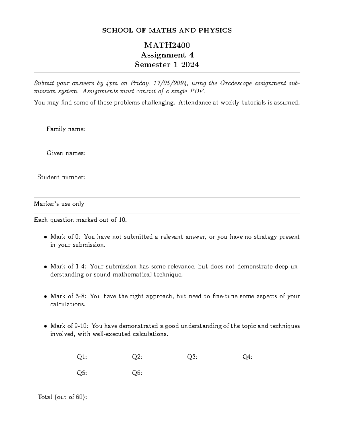 Math2400 Assignment 4 Semester 1 2024 - SCHOOL OF MATHS AND PHYSICS ...