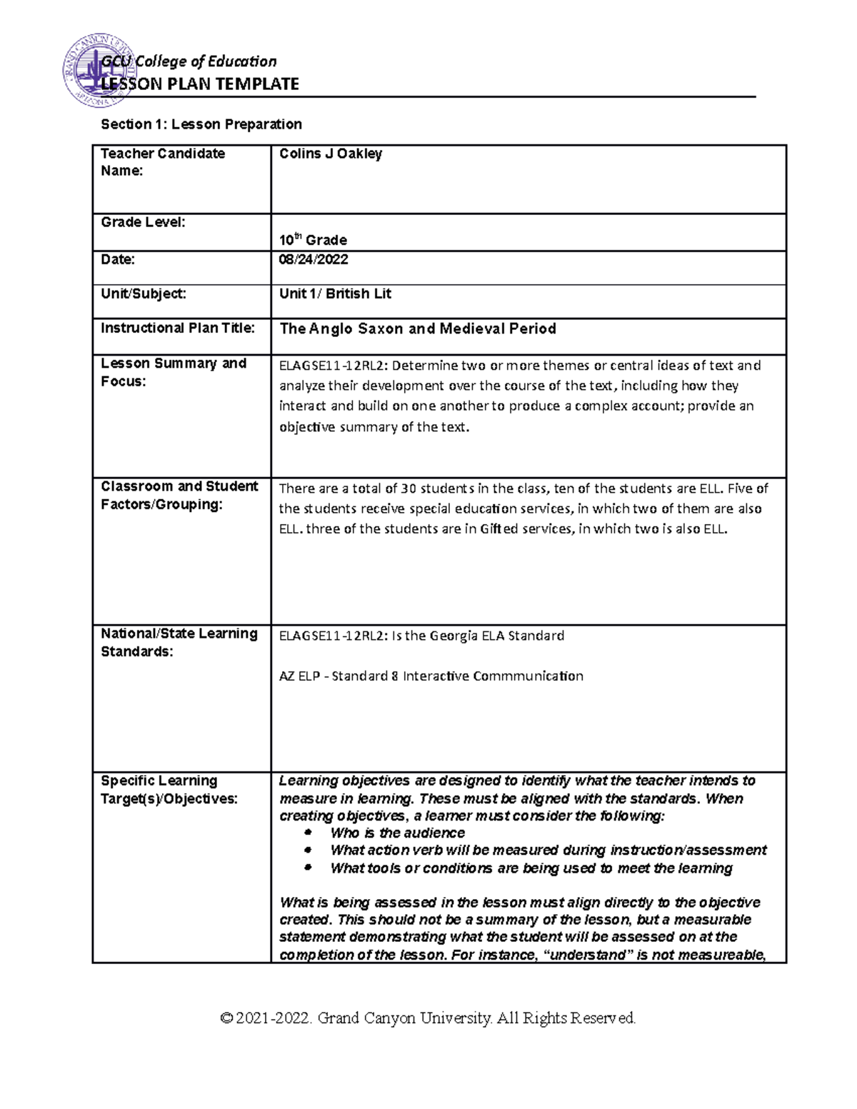 Coe lesson plan template - LESSON PLAN TEMPLATE Section 1: Lesson ...