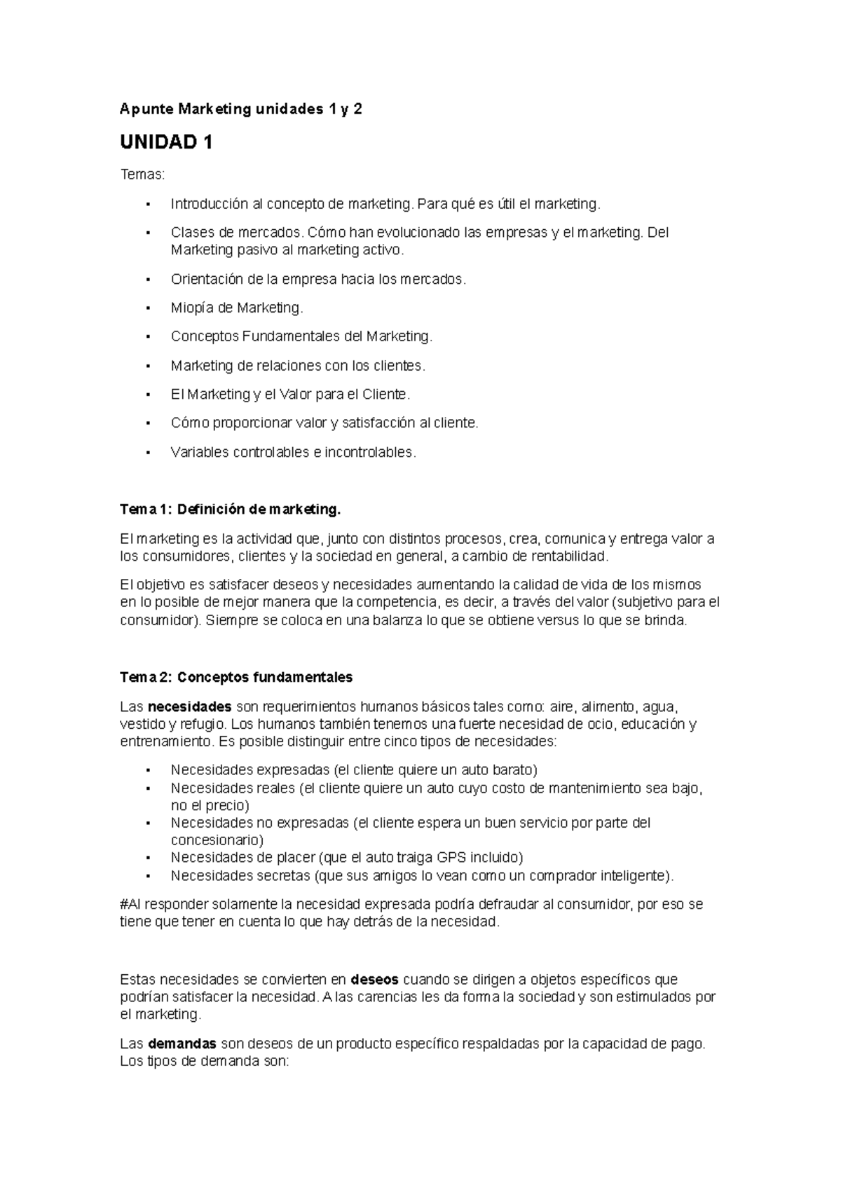 Apunte Marketing unidades 1 y 2 - Para qué es útil el marketing. Clases ...