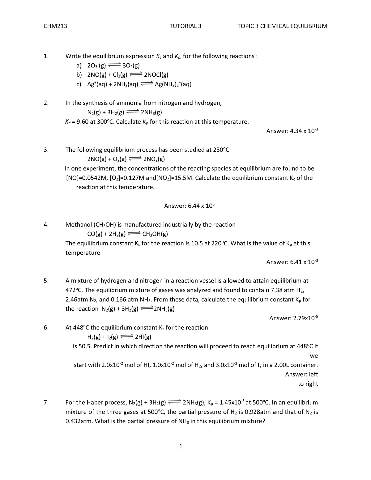 Tutorial 3 - Write the equilibrium expression Kc and Kp, for the ...