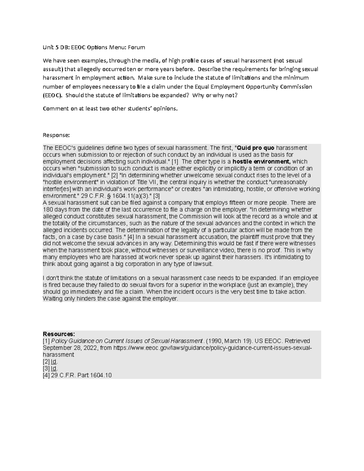 LAW206 Unit 5 Discussion Board - Unit 5 DB: EEOC Options Menu: Forum We ...