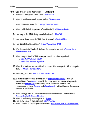 Bill nye genes worksheet answer key s - Name Date “Bill Nye: Genes” Video -  Studocu