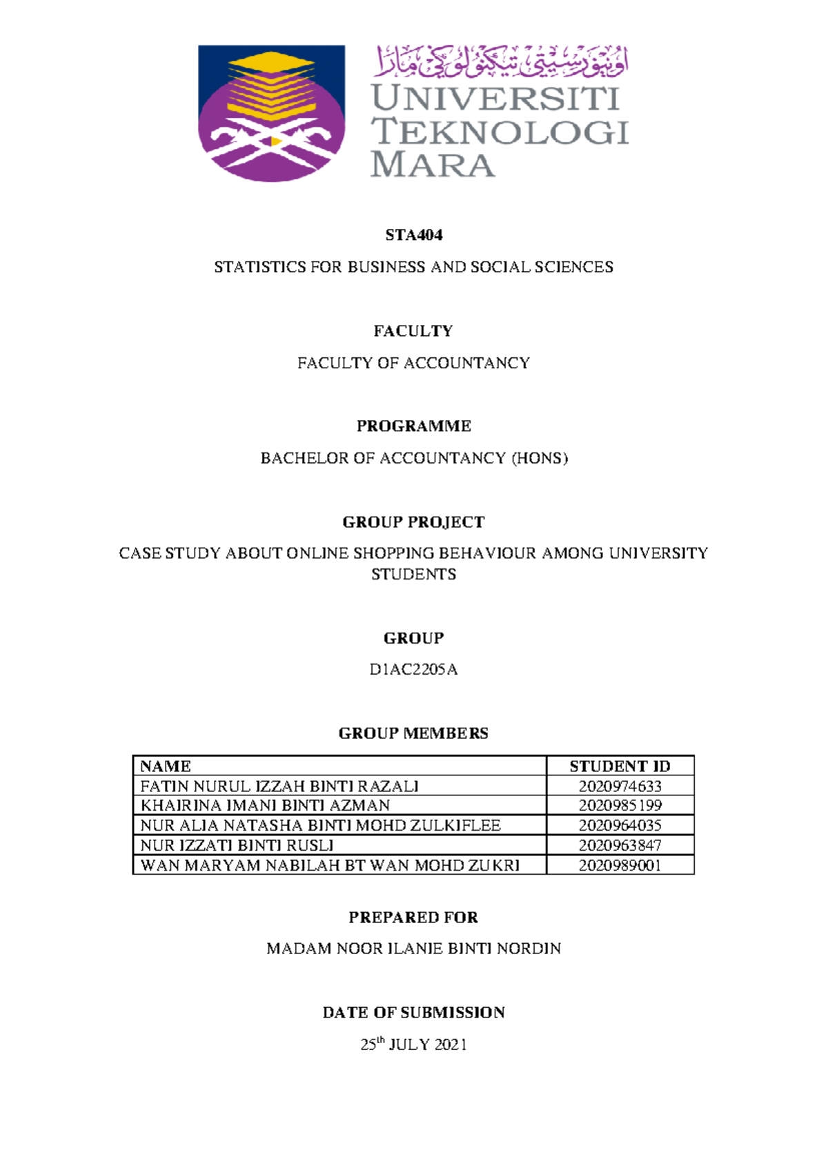 STA404 Example Group Report - STA STATISTICS FOR BUSINESS AND SOCIAL ...