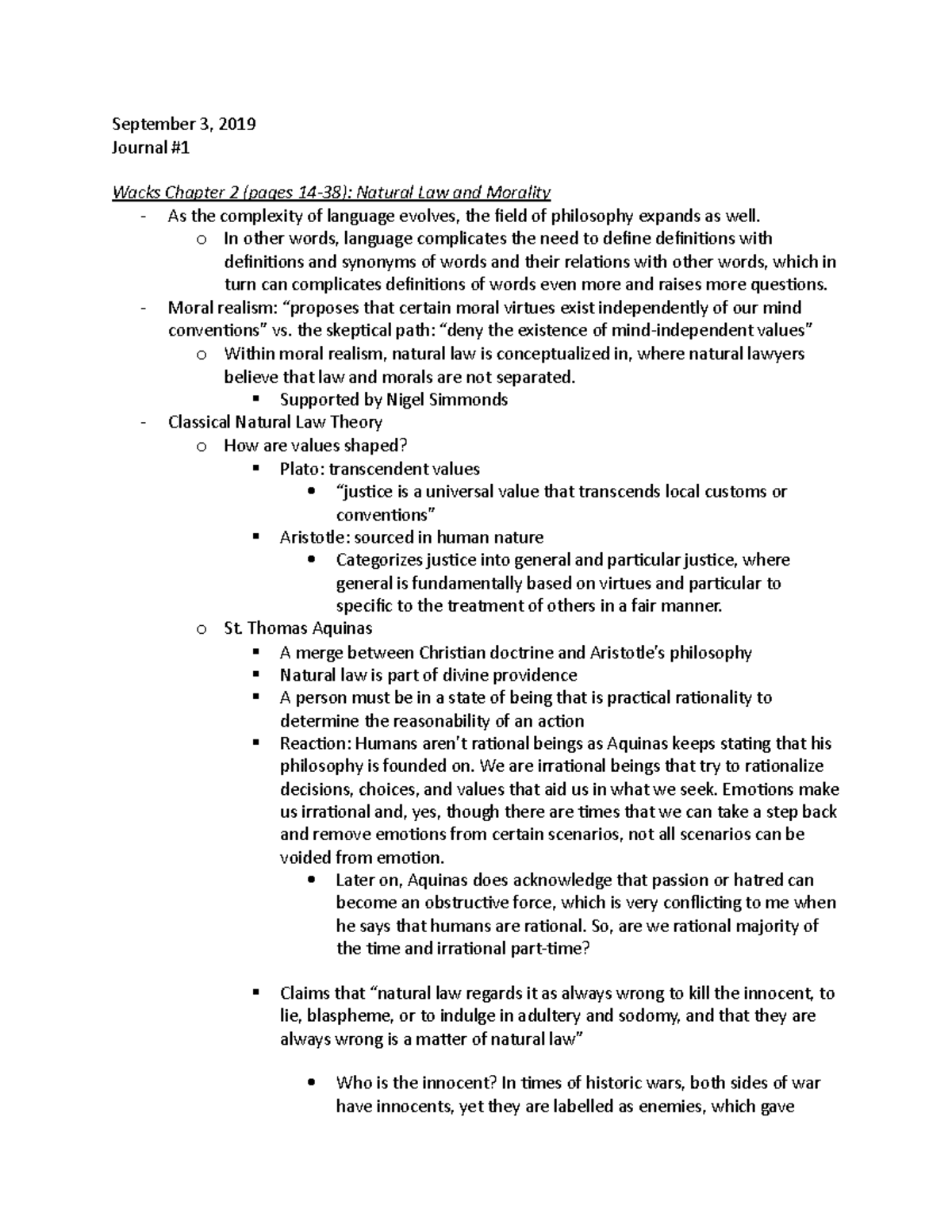 Journal 1 - analytical outline - September 3, 2019 Journal # Wacks ...