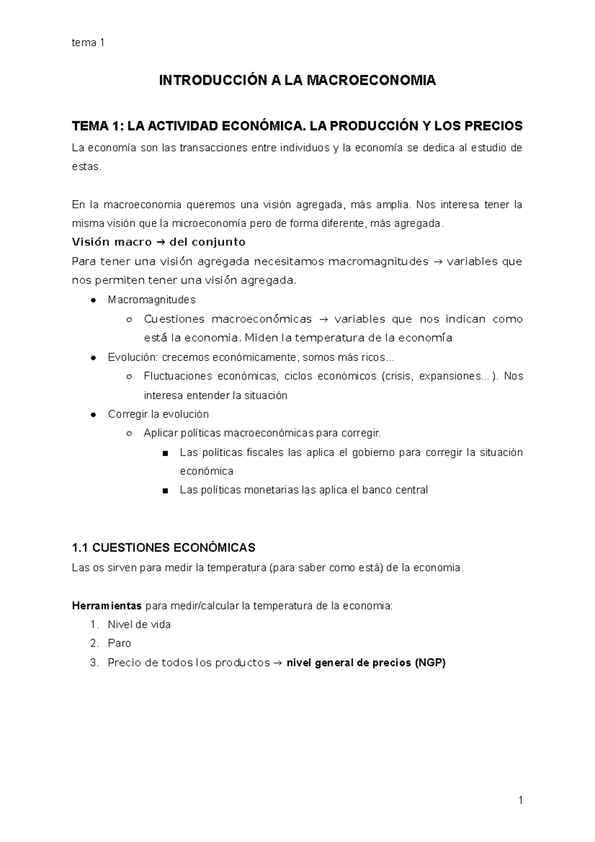 Tema 1 - Apunts Tema 1 - INTRODUCCIÓN A LA MACROECONOMIA TEMA 1: LA ...