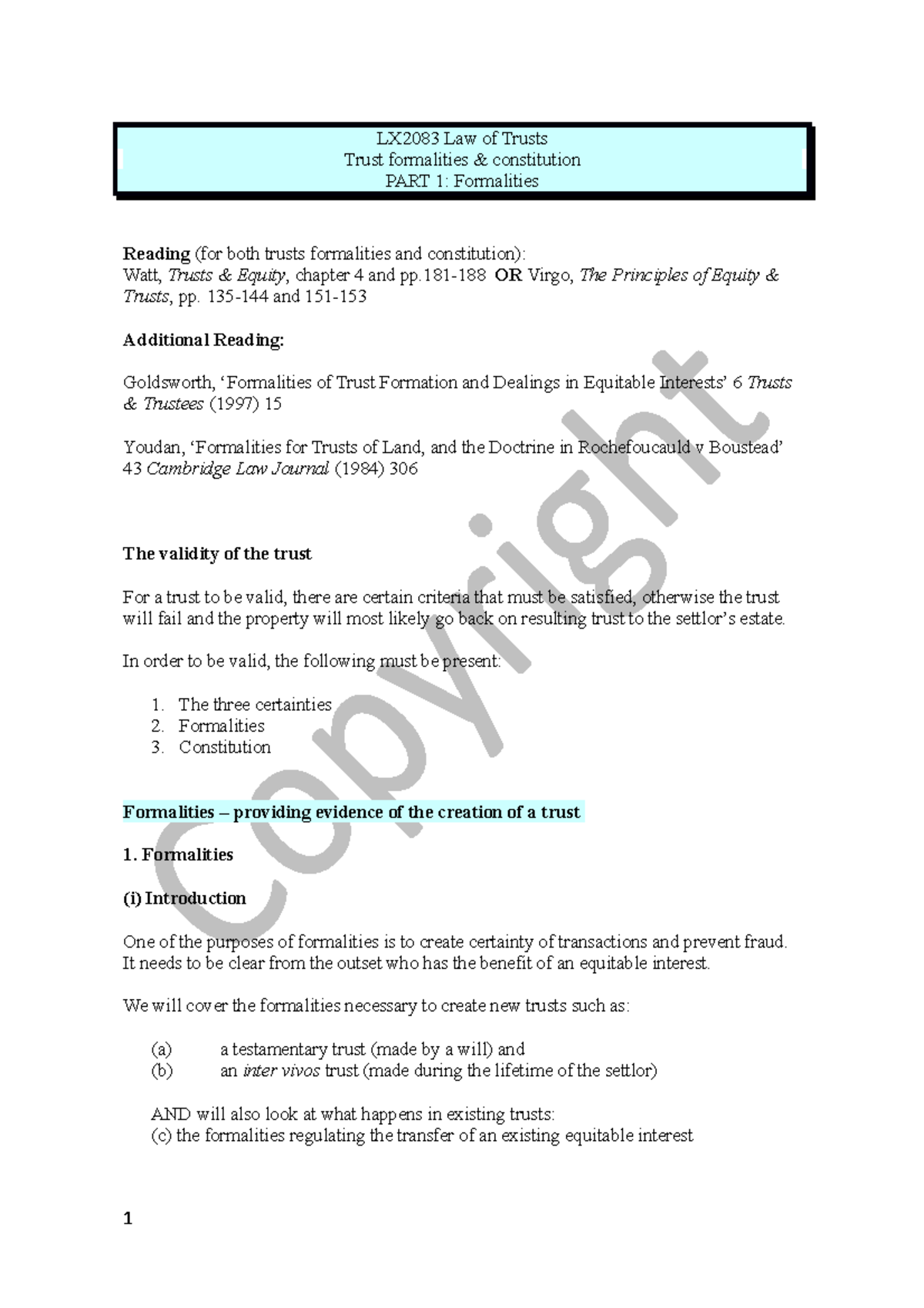 Trust Formalities and Constitution in Law of Trusts - Studocu