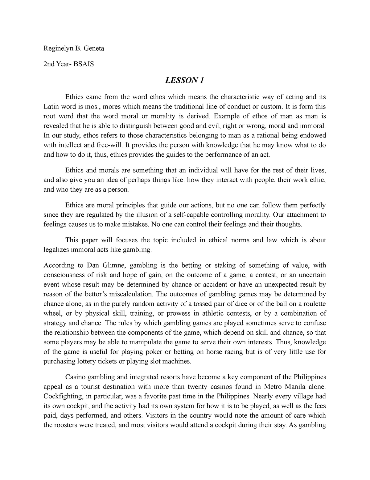 Ethics (academic Paper) Final - Reginelyn B. Geneta 2nd Year- BSAIS ...