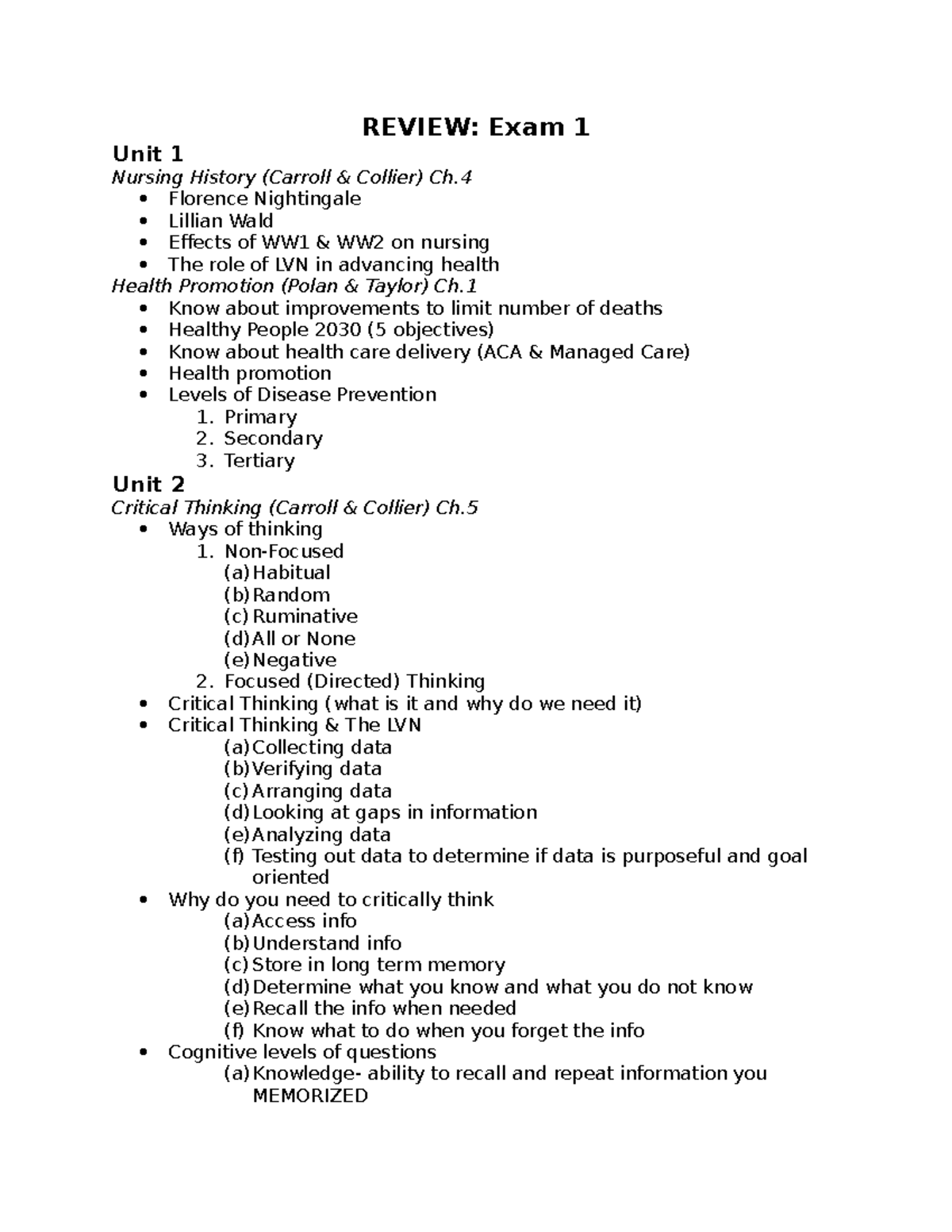 NU131 Exam 1 Review - REVIEW: Exam 1 Unit 1 Nursing History (Carroll ...