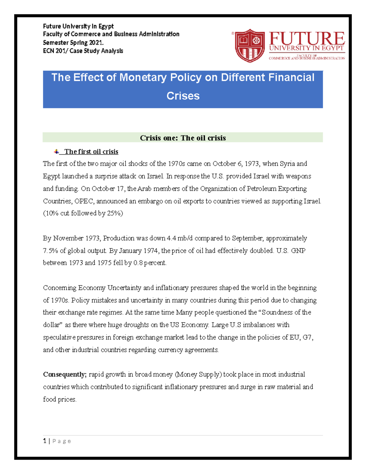 Money and banking case study Faculty of Commerce and Business