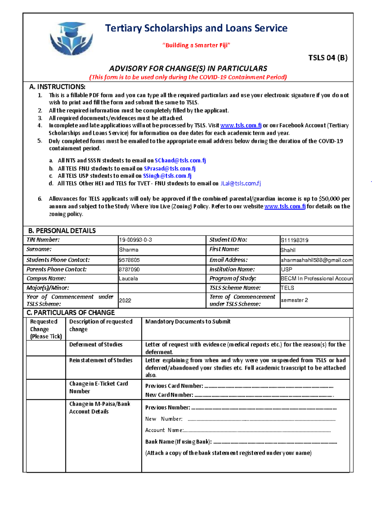 Change IN Particulars (TSLS 04) Tertiary Scholarships and Loans Service