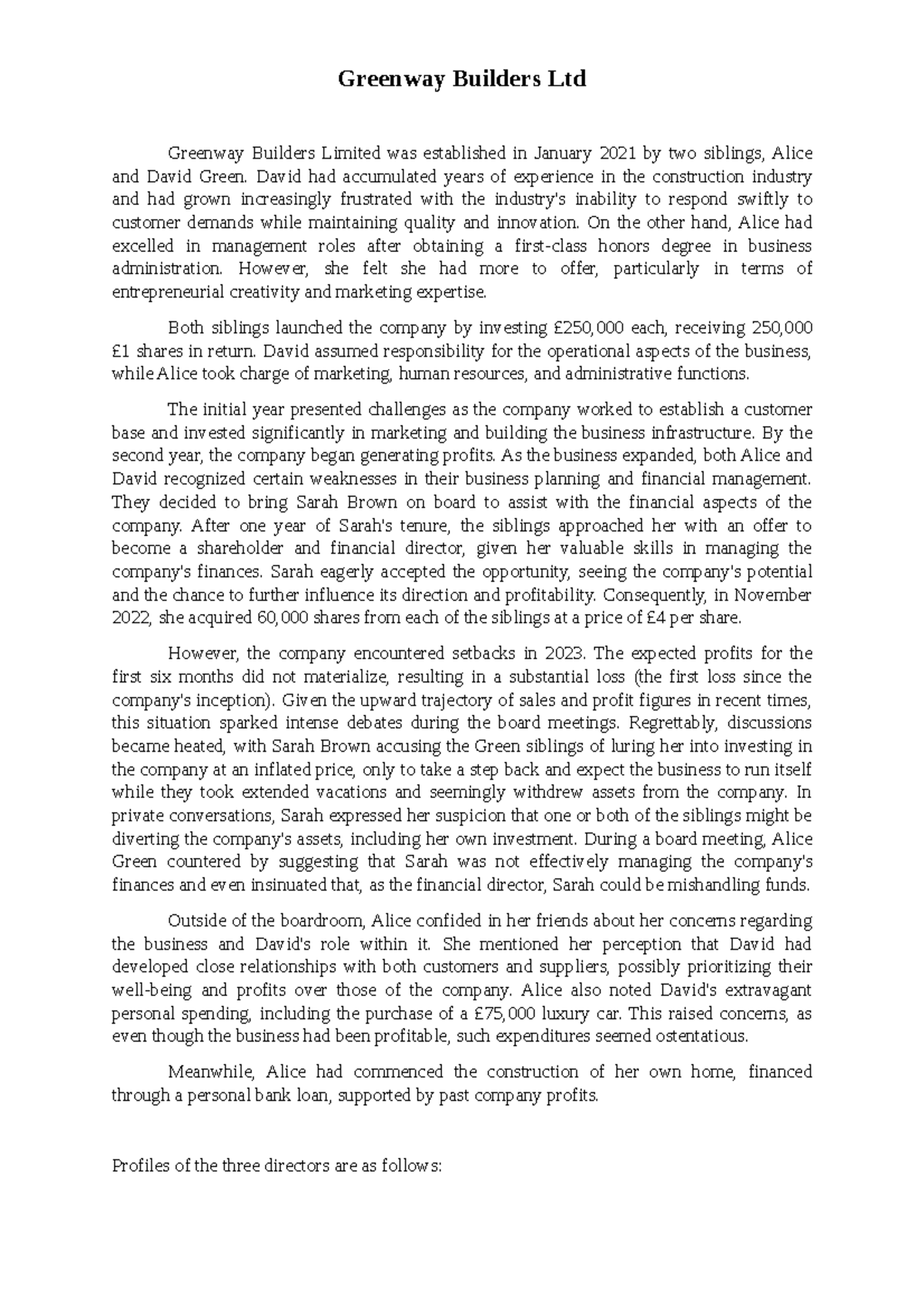 Greenway Builders Ltd Practice questions Greenway Builders Ltd