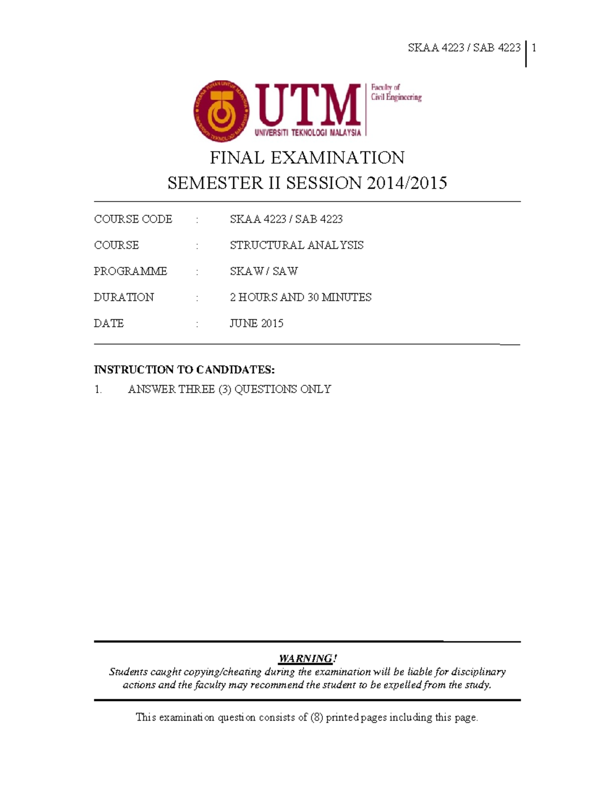 TEST 2 May 2015, questions - SKAA 4223 SAB 4223 1 FINAL EXAMINATION ...