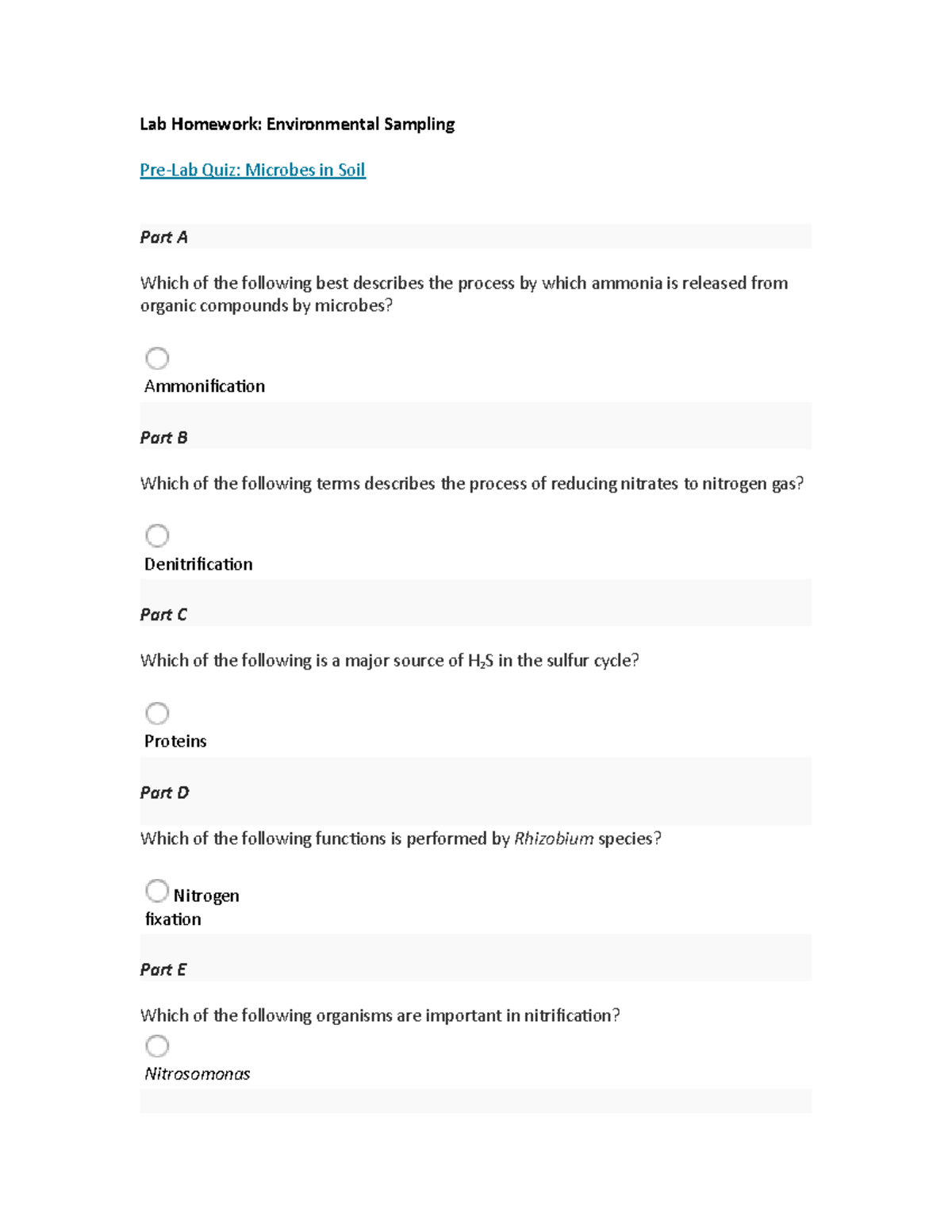 Environmental Sampling PreLab Quiz Microbes in Soil Lab Homework