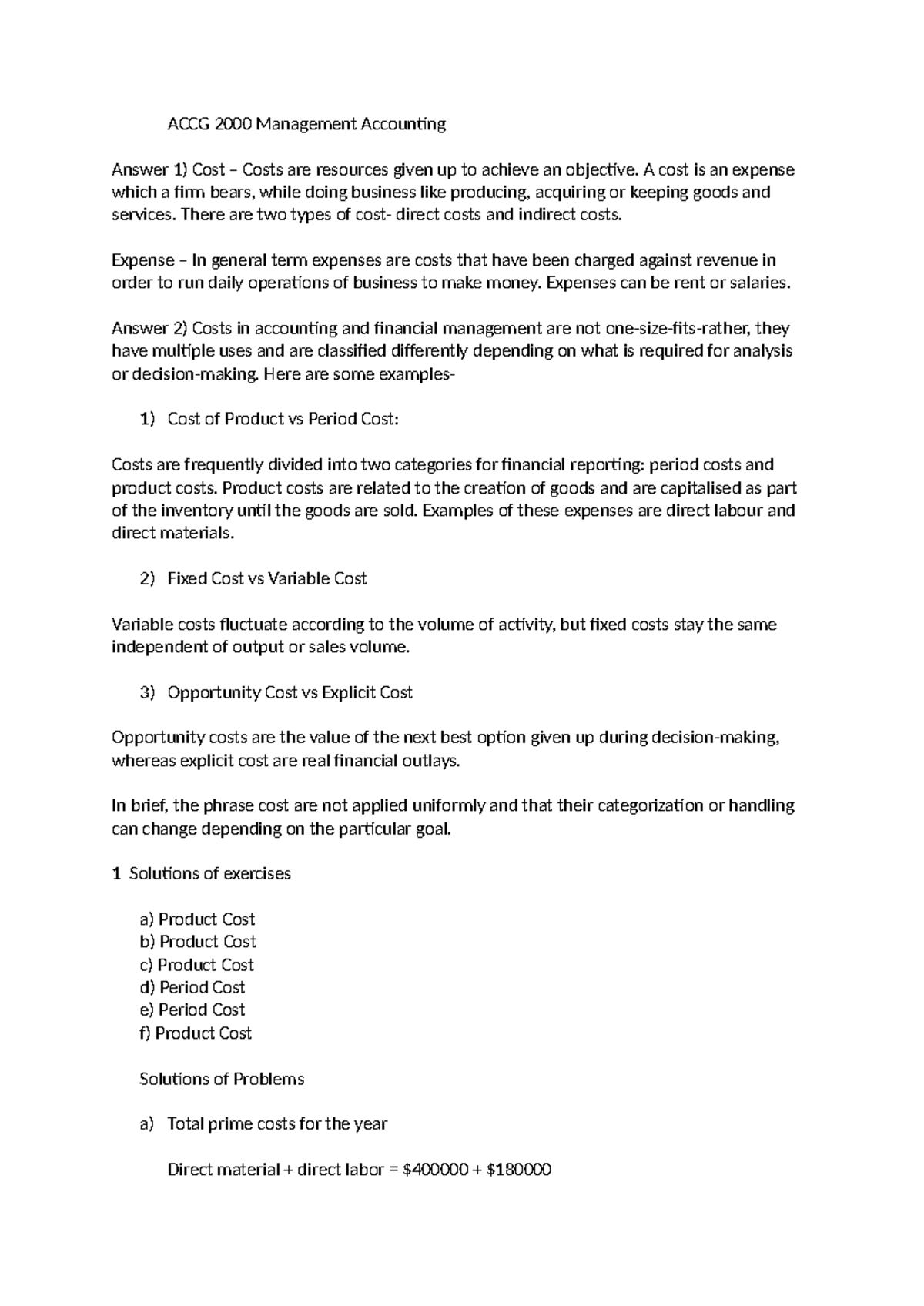 ACCG 2000 WEEK 1 Solution - ACCG 2000 Management Accounting Answer 1 ...