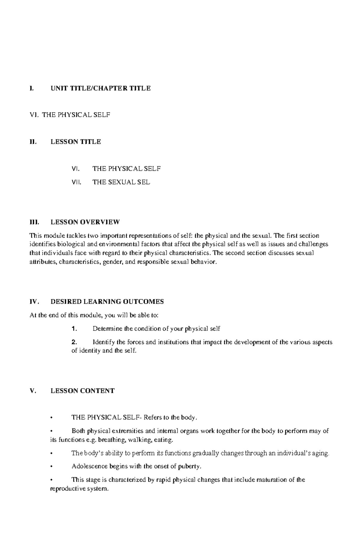 Understanding THE SELF Lesson 6 - I. UNIT TITLE/CHAPTER TITLE VI. THE ...