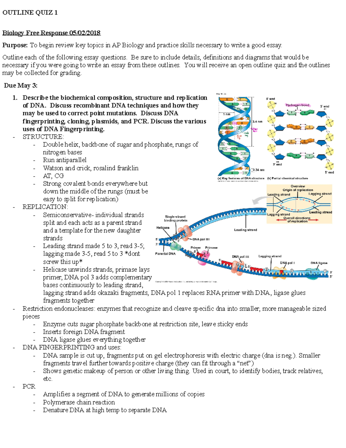 AP BIO Outline quiz 1 - Biology Free Response 05/02/ Purpose: To begin ...