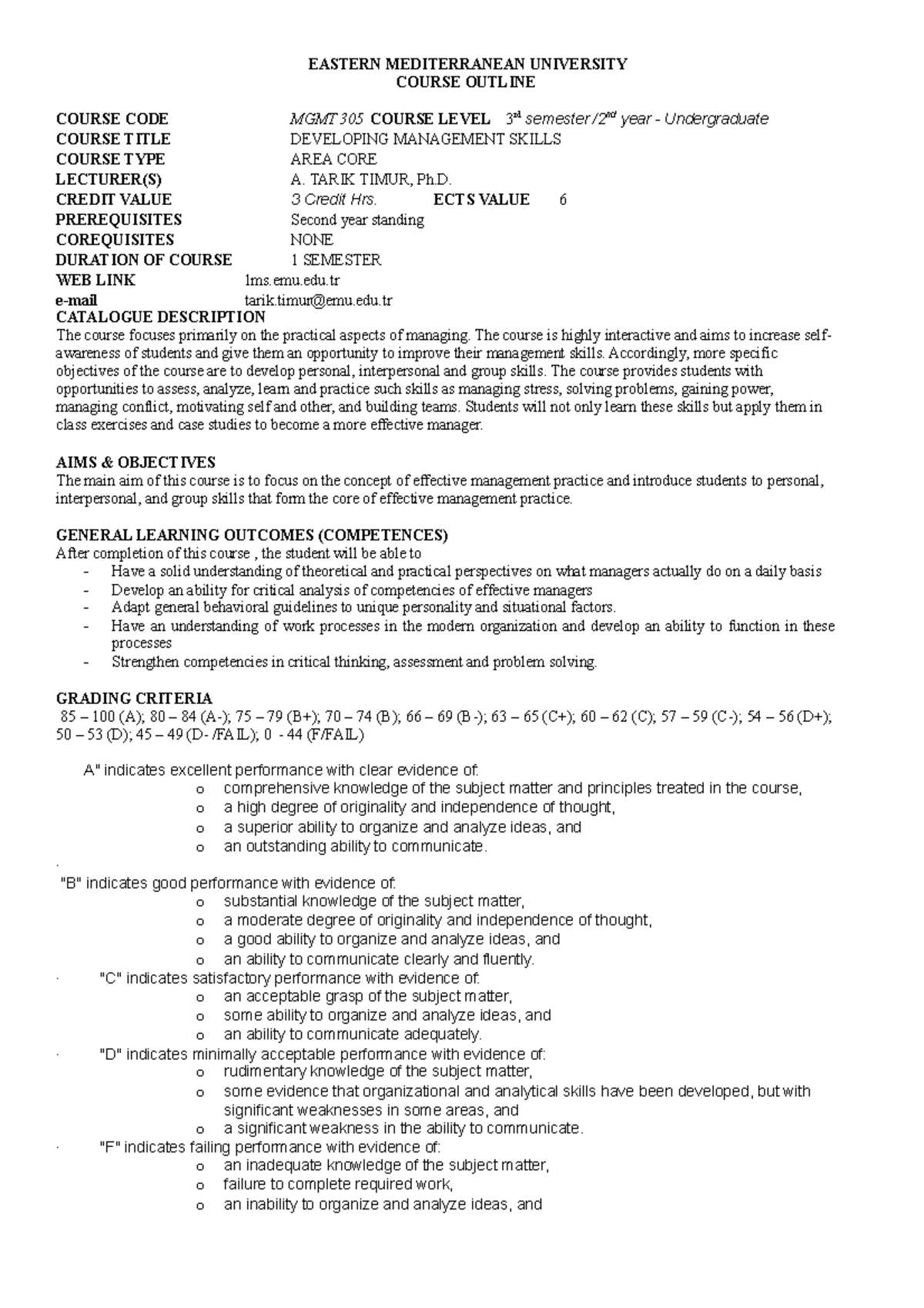 MGMT305 Course outline fall 2021 NOTES INFORMATION FOR STUDENTS ONLINE ...