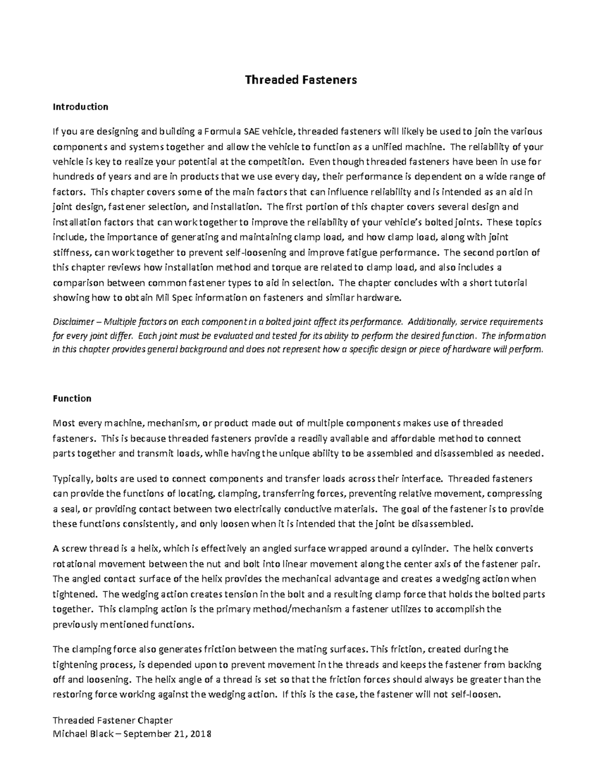 Threaded Fasteners for FSAE Threaded Fastener Chapter Threaded